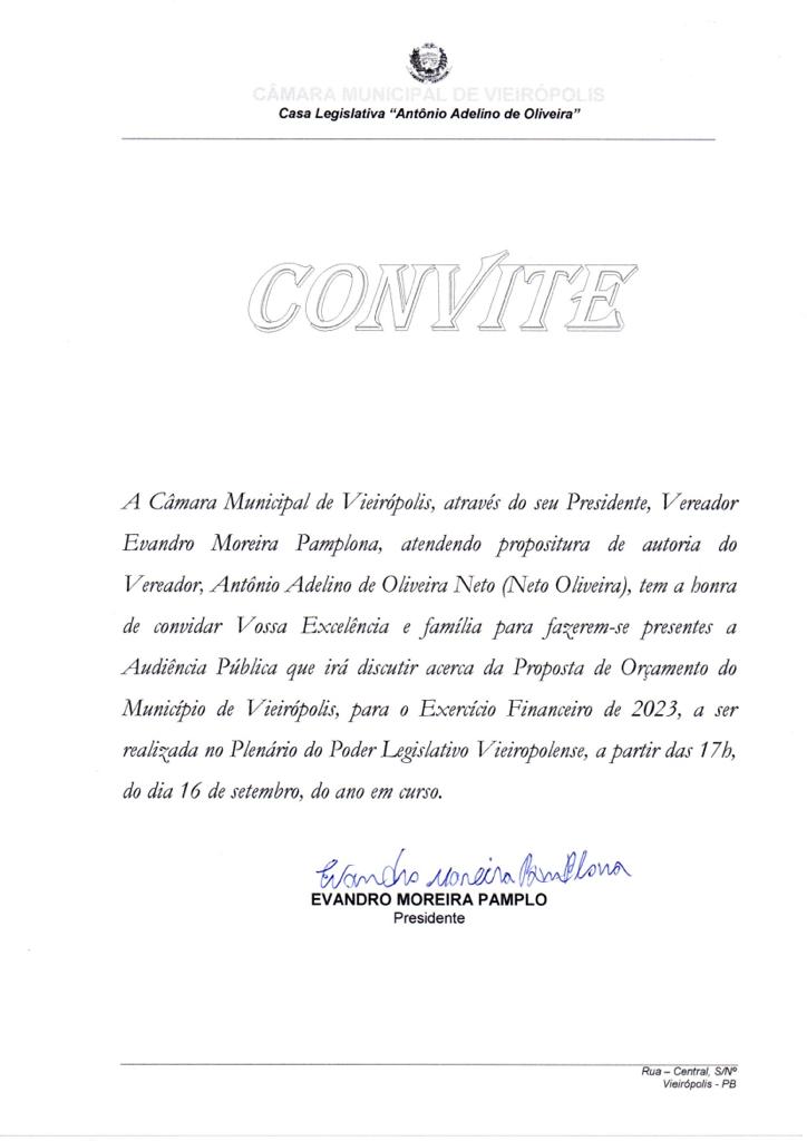 Convite de Audiência Pública que irá discutir acerca da Proposta de Orçamento do Município de erro na retenção Vieirópolis, para o exercício financeiro de 2023.